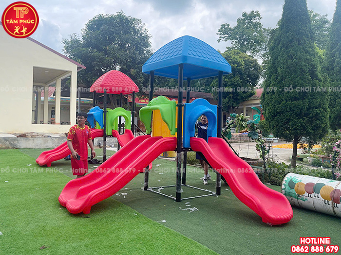 Nhà chòi 1 khối cầu trượt máng đôi ngoài trời TP1-011