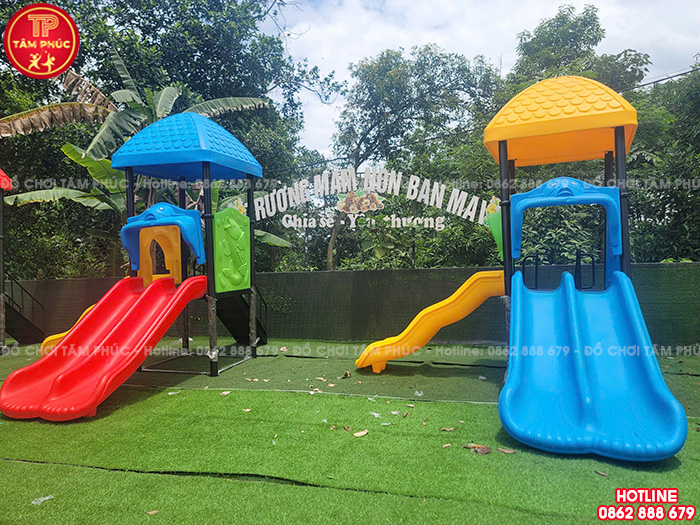 Nhà chòi 1 khối cầu trượt máng đôi ngoài trời TP1-011