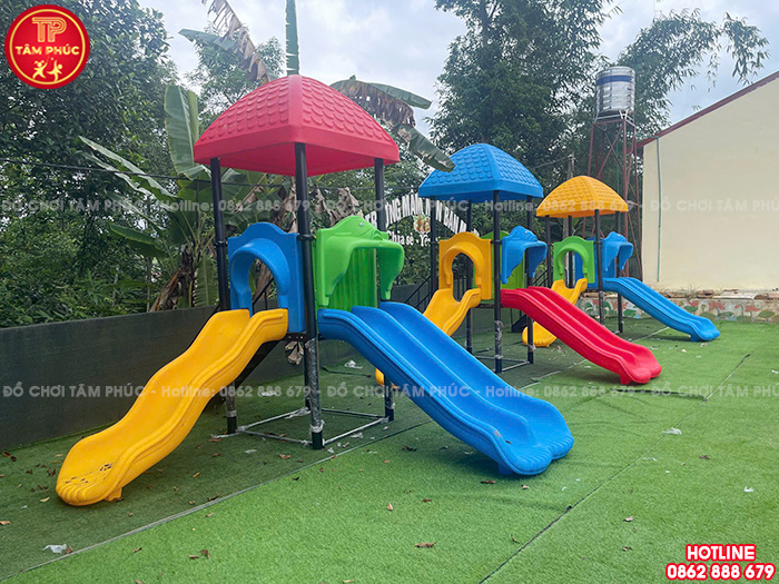 Nhà chòi 1 khối cầu trượt máng đôi ngoài trời TP1-011