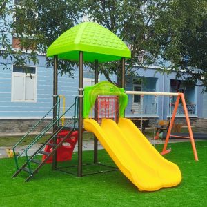 Nhà chòi cầu trượt 1 khối máng đôi kèm xích đu đôi TP1-018