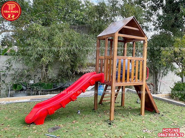 Nhà chòi cầu trượt gỗ ngoài trời cho trẻ em TPG1-002