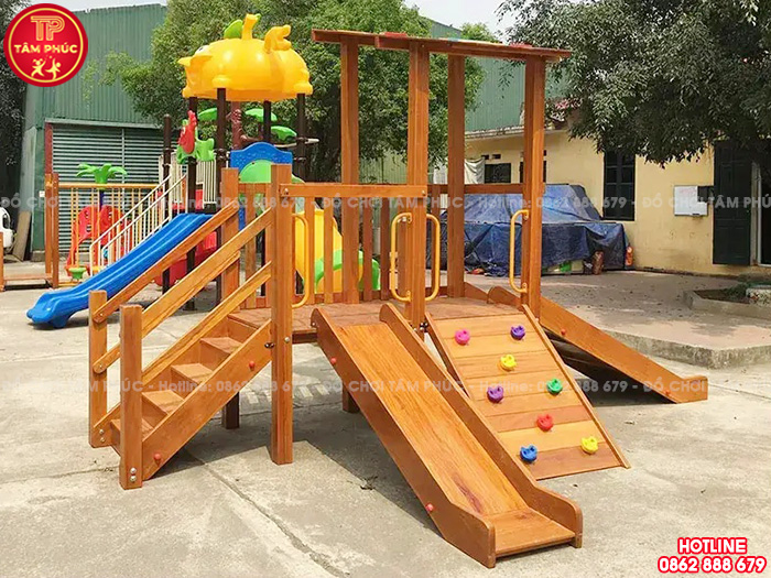 Nhà chòi cầu trượt gỗ ngoài trời cho bé 1 khối TPG1-003