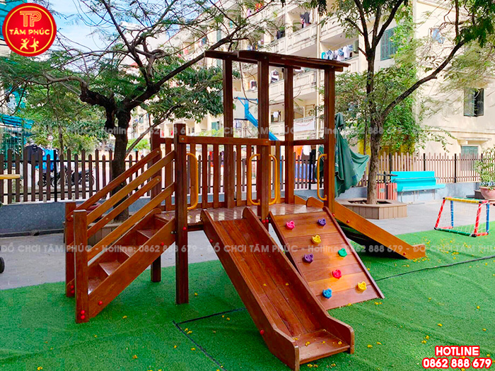 Nhà chòi cầu trượt gỗ ngoài trời cho bé 1 khối TPG1-003
