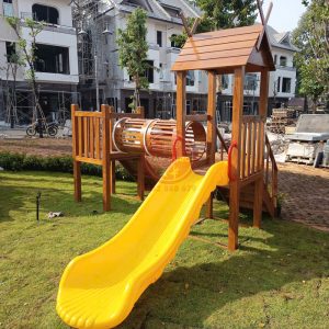 Cầu trượt liên hoàn gỗ ngoài trời 2 khối ống chui TPG1-005