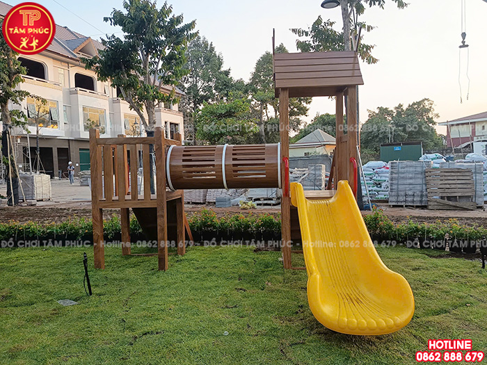 Cầu trượt liên hoàn gỗ ngoài trời 2 khối ống chui TPG1-005