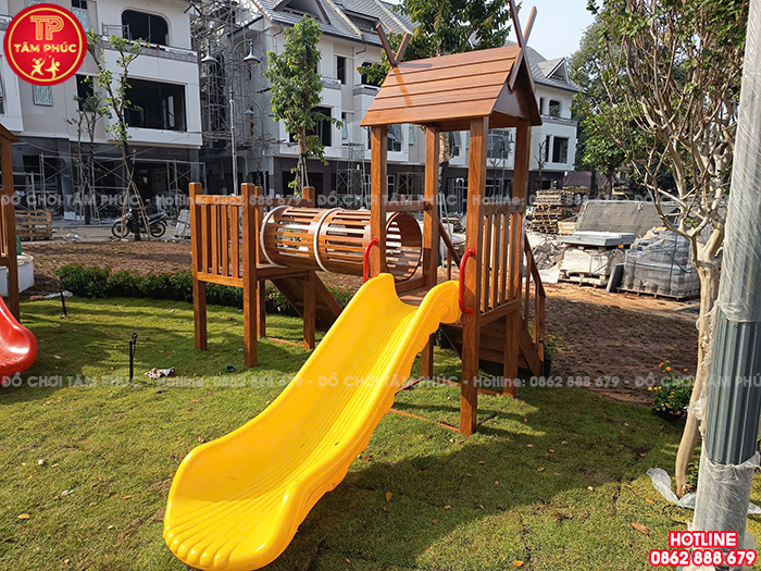 Cầu trượt liên hoàn gỗ ngoài trời 2 khối ống chui TPG1-005