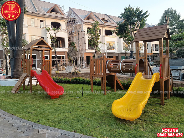 Cầu trượt liên hoàn gỗ ngoài trời 2 khối ống chui TPG1-005