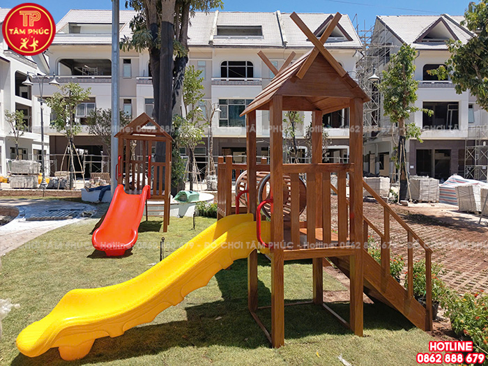 Cầu trượt liên hoàn gỗ ngoài trời 2 khối ống chui TPG1-005