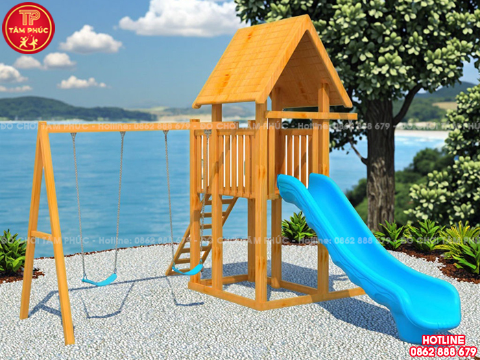 Nhà chòi cầu trượt kèm xích đu gỗ ngoài trời cho bé TPG1-006