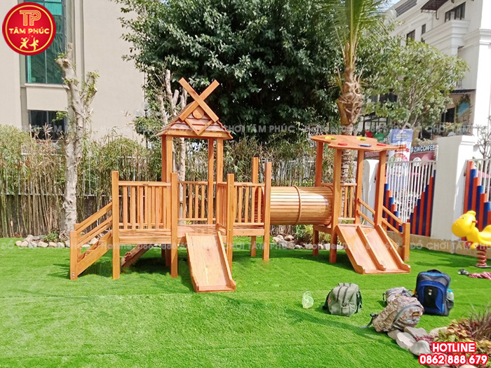 Cầu trượt liên hoàn ngoài trời gỗ cho bé 3 khối ống chui TPG1-009