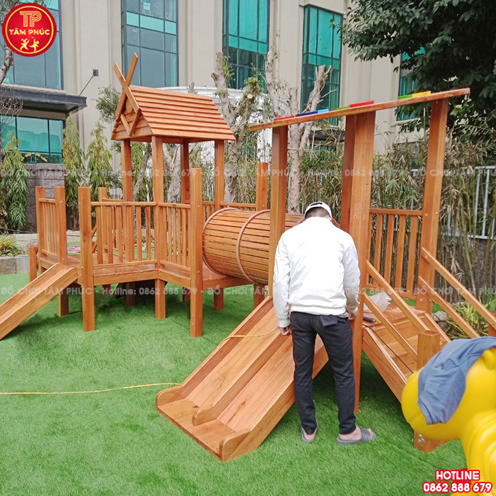Cầu trượt liên hoàn ngoài trời gỗ cho bé 3 khối ống chui TPG1-009