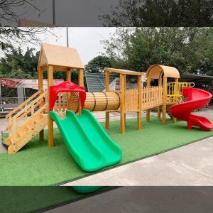 Cầu trượt liên hoàn gỗ ngoài trời ống chui 3 khối TPG1-014