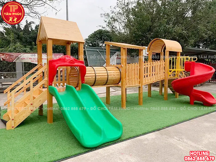Cầu trượt liên hoàn gỗ ngoài trời ống chui 3 khối TPG1-014