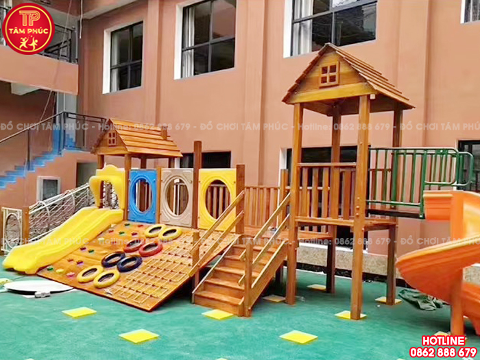 Cầu trượt liên hoàn ngoài trời bằng gỗ đa năng cho bé TPG1-015