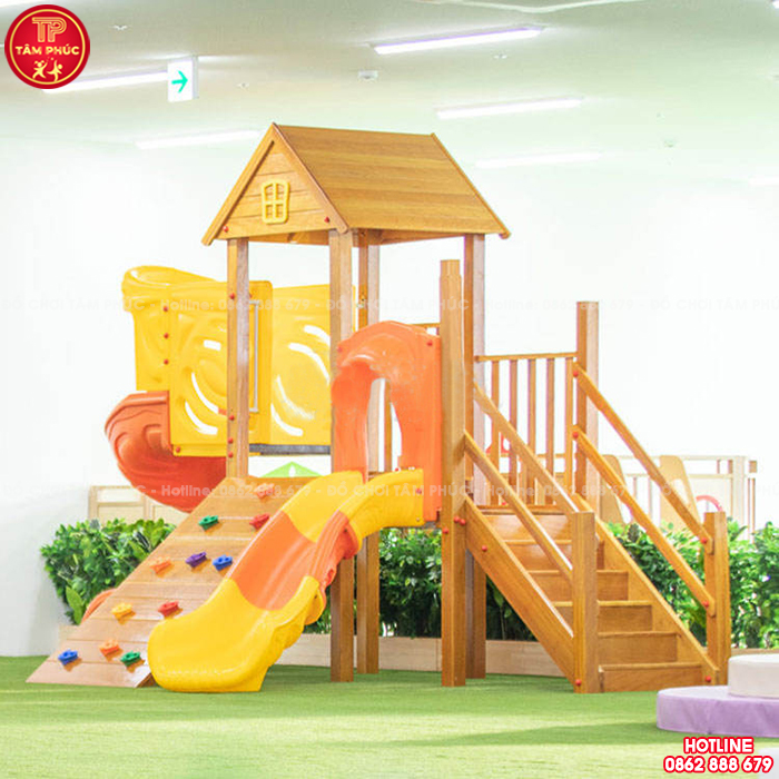 Nhà chòi cầu trượt gỗ trong nhà cho bé siêu đẹp TPG2-001