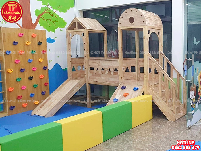 Cầu trượt liên hoàn gỗ trong nhà cho bé 2 khối TPG2-002