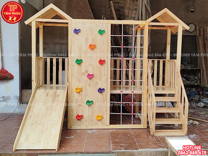 Cầu trượt liên hoàn gỗ trong nhà kèm vách leo núi cho bé TPG2-004