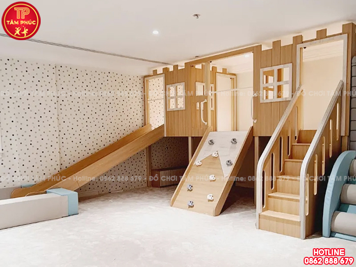 Bộ nhà chơi cầu trượt gỗ trong nhà cho bé mầm non TPG2-006