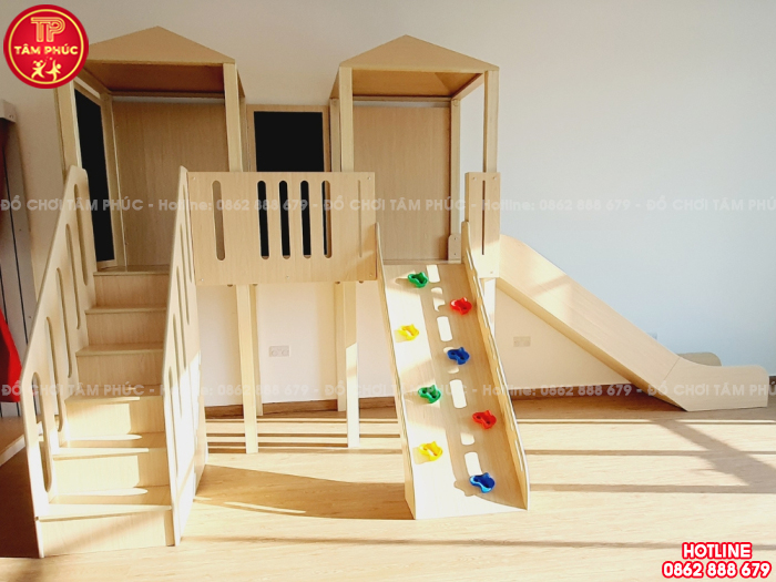 Cầu trượt gỗ liên hoàn trong nhà cho bé mầm non TPG2-008