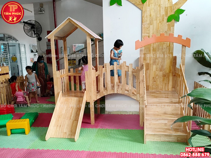 Cầu trượt gỗ trong nhà cho bé mầm non 2 khối TPG2-010