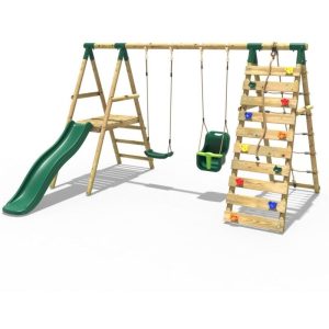 Xích đu gỗ 2 ghế kèm cầu trượt và vách leo cho bé TPG4-015