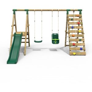 Xích đu gỗ 2 ghế kèm cầu trượt và vách leo cho bé TPG4-015