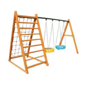Xích đu gỗ cho bé 2 ghế lốp xe kèm vách leo TPG4-017