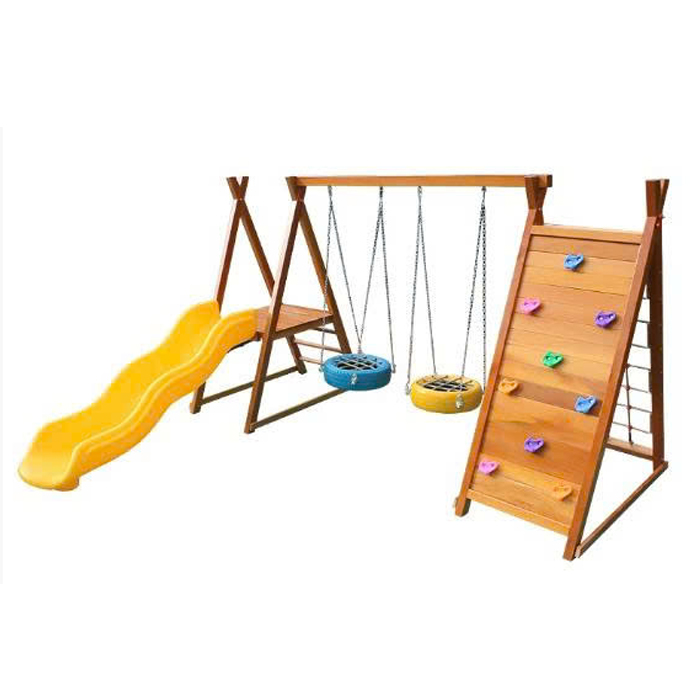 Xích đu gỗ cho bé 2 ghế lốp xe kèm cầu trượt và vách leo TPG4-018