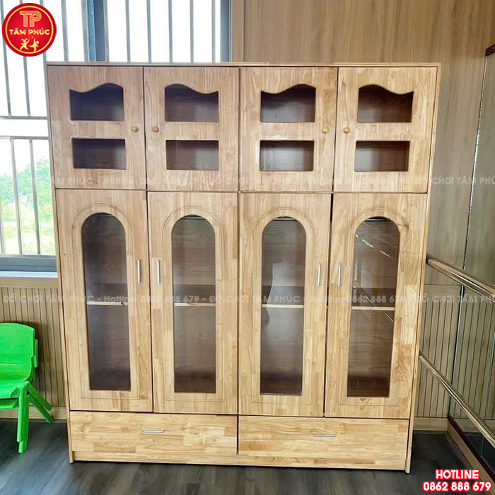 Tủ trang phục trường mầm non 4 cánh gỗ tự nhiên NT4-024
