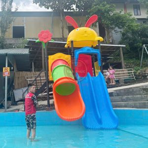 Cầu trượt bể bơi 2 khối mái thỏ máng xoăn - đôi TP12-028