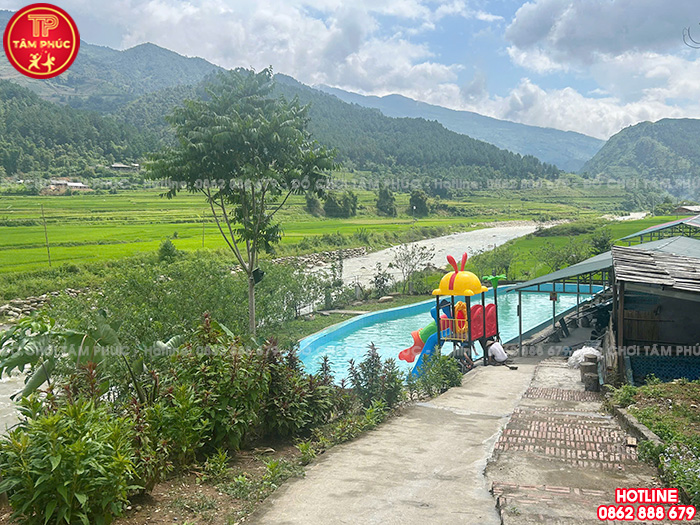 Cầu trượt bể bơi 2 khối mái thỏ máng xoăn - đôi TP12-028