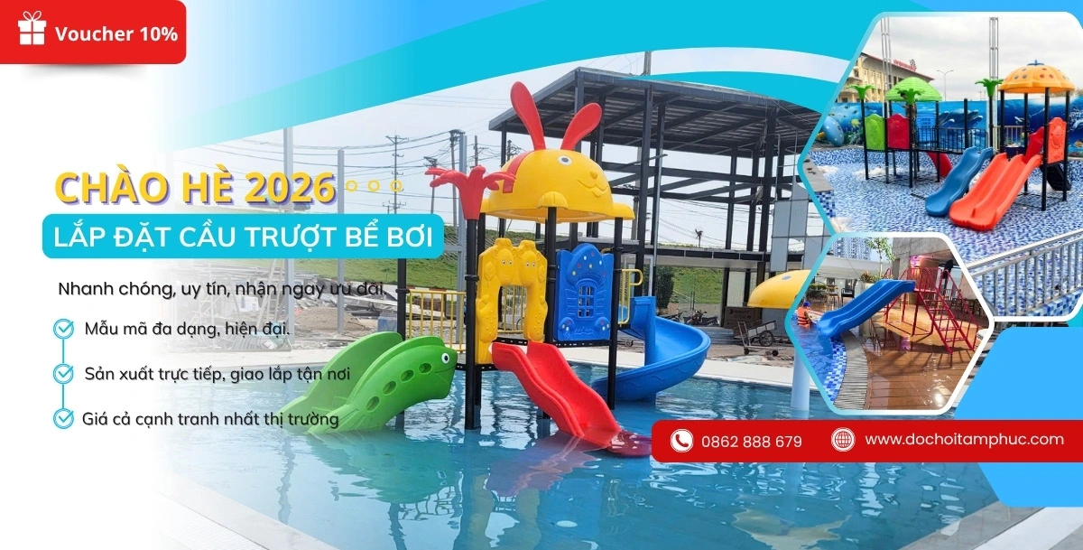 Banner khuyến mại cầu trượt bể bơi