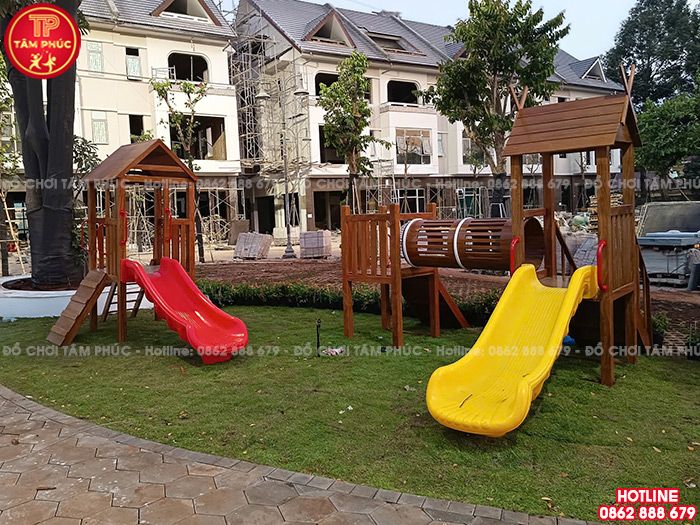 Thi công lắp đặt cầu trượt gỗ ngoài trời và thiết bị thể dục ngoài trời cho khu đô thị tại Đăk Lăk